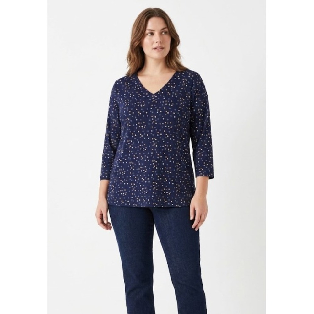 New Jonesโ New York Top Large Navy Polka Dot V-Neck 3/4 Sleeve Stretch Knit